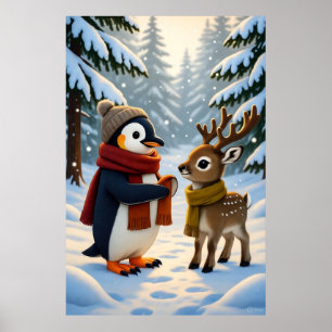 Penguin&Baby Reindeer Winter Fantasy Comic Poster