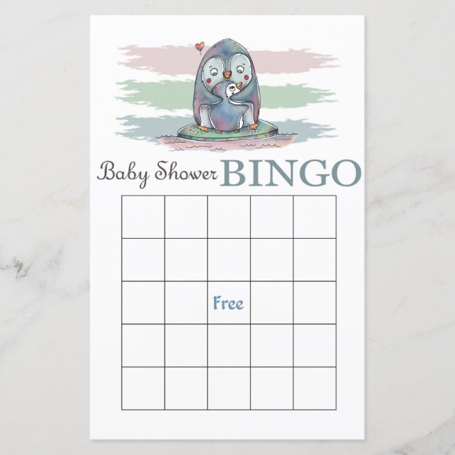 Penguin baby shower bingo card (Front)