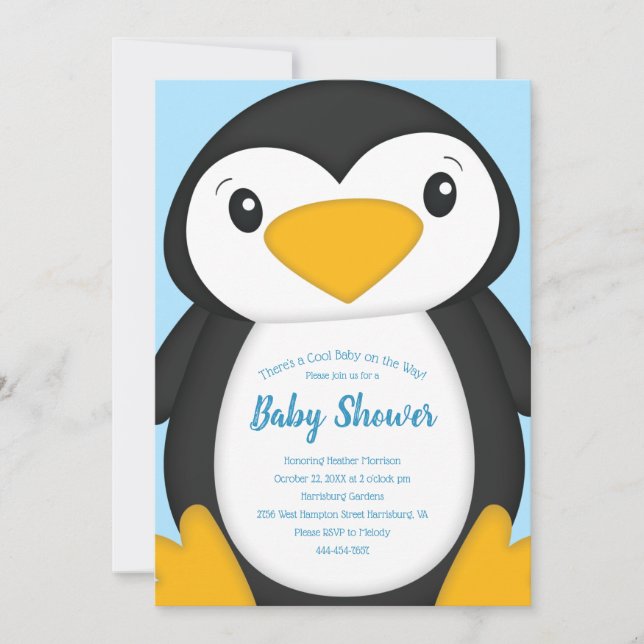 Penguin Baby Shower Blue Invitation (Front)