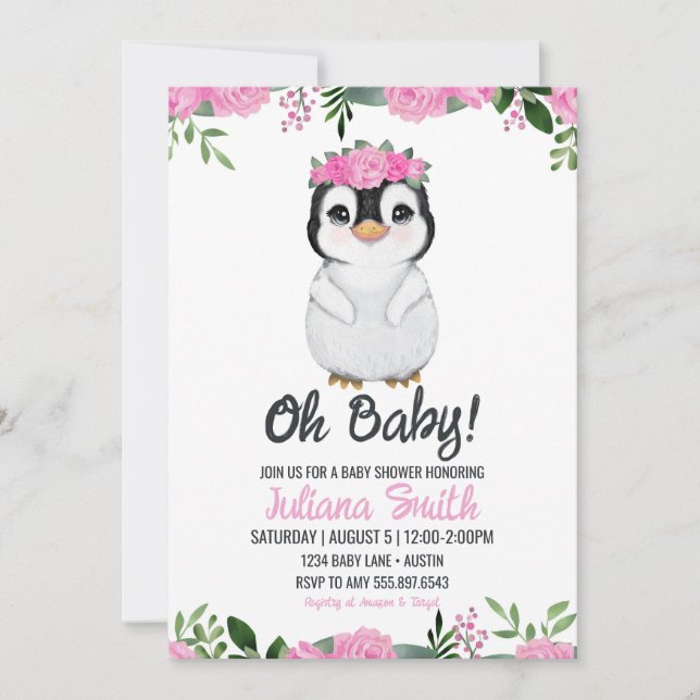 Penguin Baby Shower Floral Pink Black Invitation (Front)