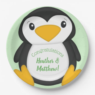Penguin Baby Shower Green Paper Plate