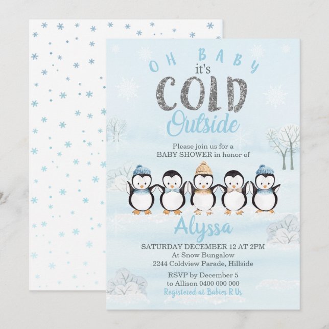 Penguin Baby Shower Invitation Winter Baby Shower (Front/Back)