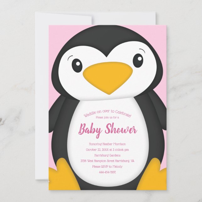 Penguin Baby Shower Pink Invitation (Front)