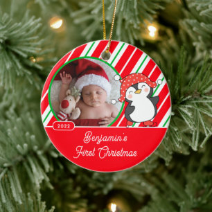 Penguin Baby's First Christmas Photo Ceramic Ornament