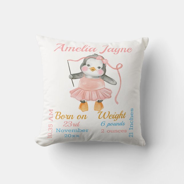 Penguin Ballerina Pink Baby Girl Stats Cushion (Front)