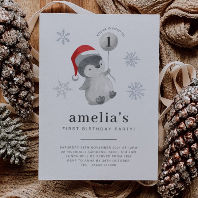 Penguin Balloon 1st Birthday Invitation (Penguin Balloon 1st Birthday Invitation 1)