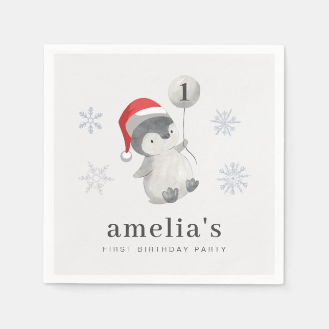 Penguin Balloon 1st Birthday Napkin (Front)
