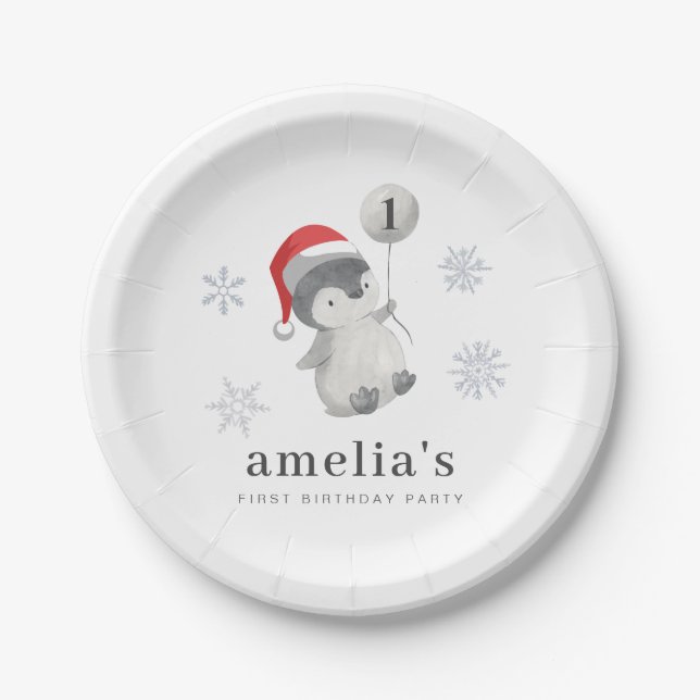 Penguin Balloon 1st Birthday Paper Plate (Front)