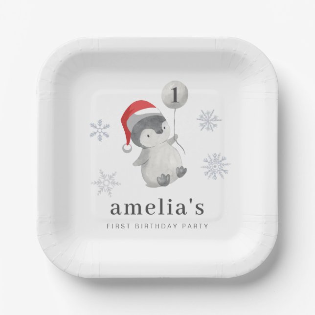 Penguin Balloon 1st Birthday Paper Plate (Front)