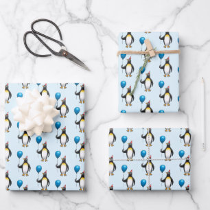 Penguin Balloon Partyhat Wrapping Paper Sheet