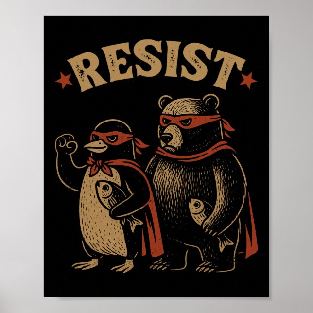 Penguin Bear Flippers Up Resist Funny Penguins Aga Poster (Front)