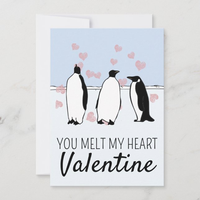 Penguin Bird Valentine Pink Hearts Melt My Heart Card (Front)