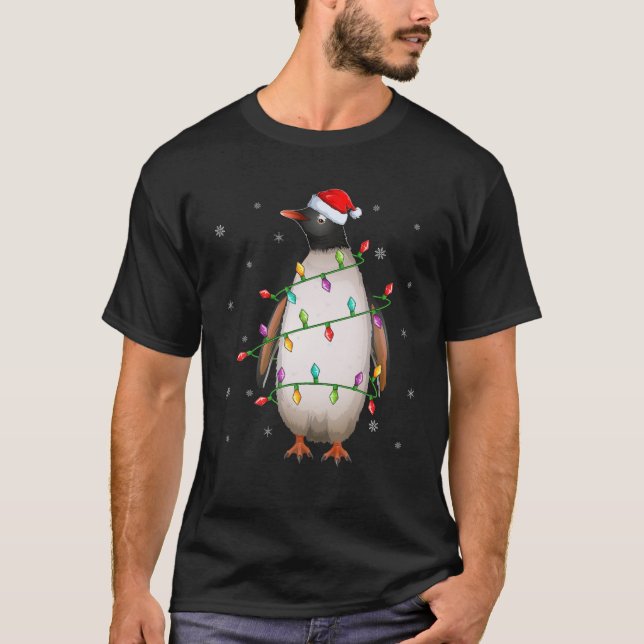 Penguin Bird Xmas Lighting Santa Hat Penguin Chris T-Shirt (Front)