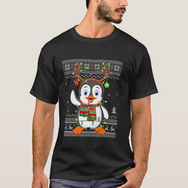 Penguin Bird Xmas Lights Reindeer Hat Ugly Penguin T-Shirt (Front)