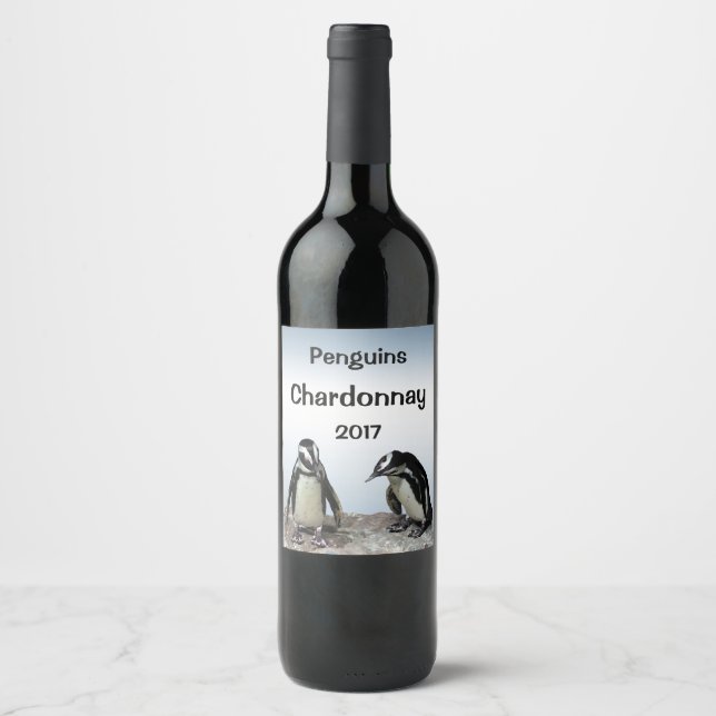 Penguin Birds Blue White Black Animal Wine Label (Front)
