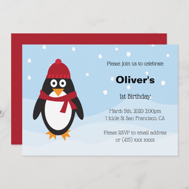 Penguin Birthday Invitation for Winter Birthdays (Front/Back)
