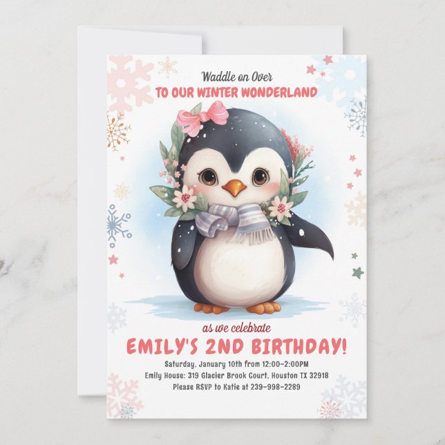 Penguin Birthday Invitation Girl Penguin Birthday  (Front)