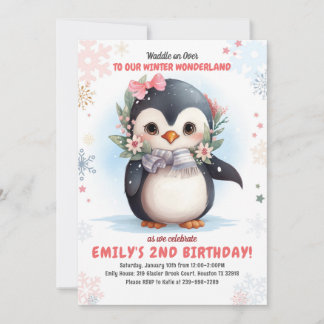 Penguin Birthday Invitation Girl Penguin Birthday