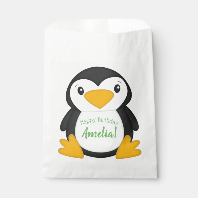 Penguin Birthday Party Green Favour Bag (Front)