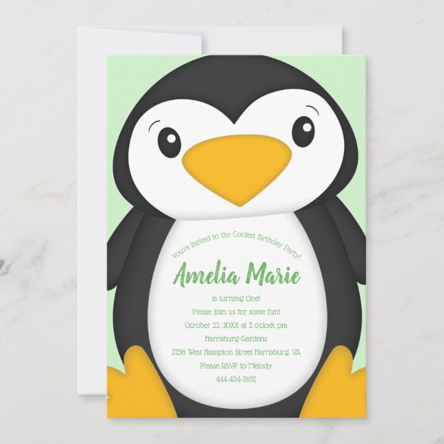 Penguin Birthday Party Green Invitation (Front)