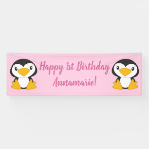 Penguin Birthday Party Pink Banner