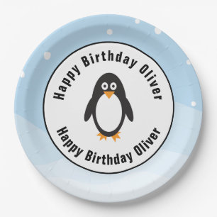 Penguin birthday party plates with snowy scene