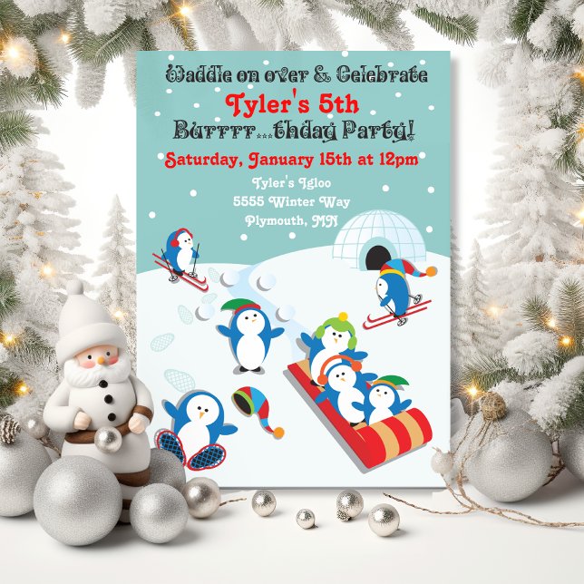 Penguin birthday party winter fun invitation (Creator Uploaded)