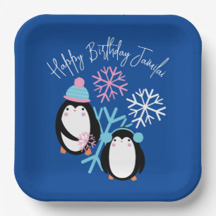 Penguin Birthday Snowflakes Pink Blue Winter Party Paper Plate