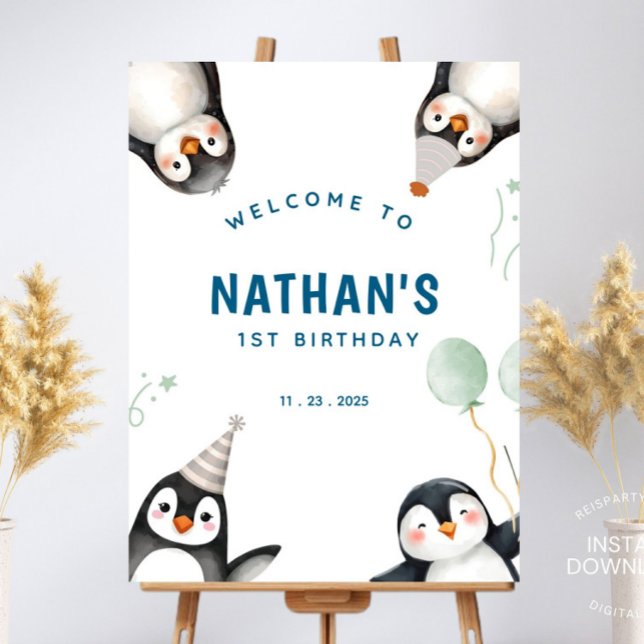 Penguin Birthday Welcome Sign Poster (Penguin Birthday party, Penguin Theme, Winter Wonderland, Winter Birthday, Welcome sign, Welcome Pos)