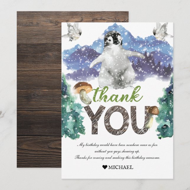 Penguin Birthday Winter Thank You Card (Front/Back)