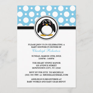 Penguin Blue Polka Dot Baby Shower Invitations