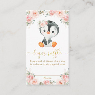 Penguin Blush Pink Floral Baby Diaper Raffle Enclosure Card