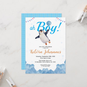 Penguin Boy Blue Baloon Cloud Sky Baby Shower Invitation