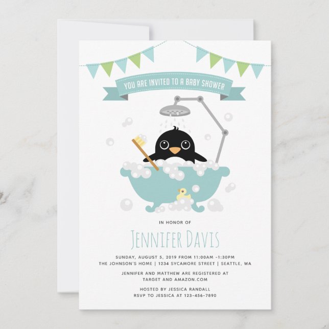 Penguin Boy in Blue Bathtub Shower Invitation (Front)