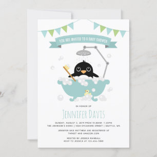 Penguin Boy in Blue Bathtub Shower Invitation