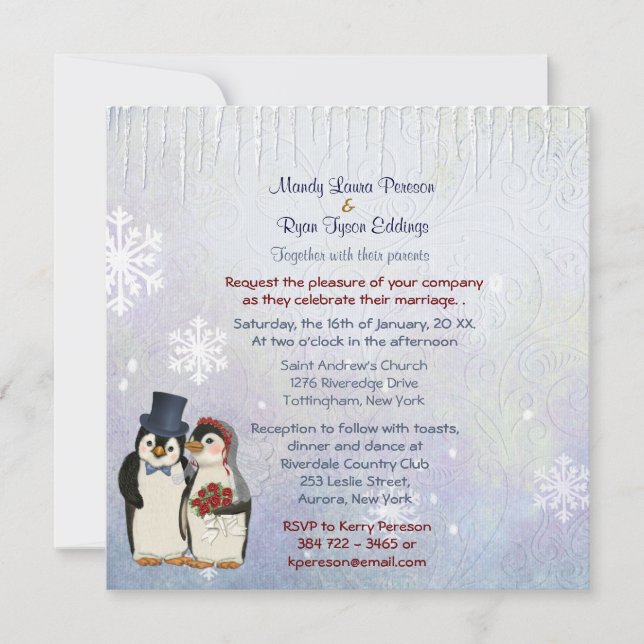 Penguin Bride and Groom Wedding Invitation Square (Front)