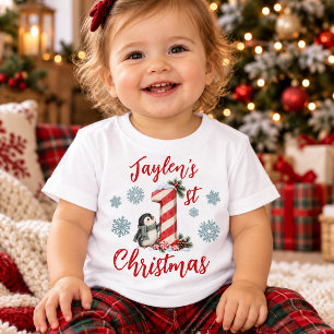 Penguin Candy Cane Custom Baby's First Christmas Baby T-Shirt
