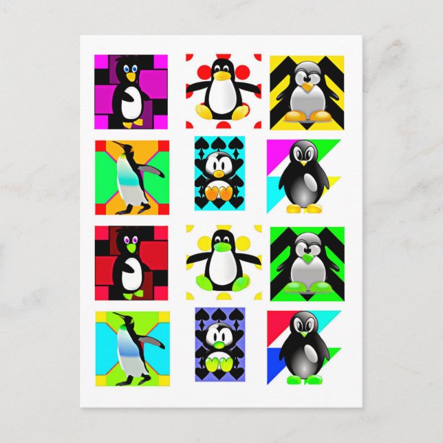 Penguin Cartoon Birds Abstract Art Collage Postcard (Front)