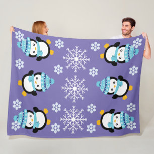 Penguin cartoon cold winter snowflake LARGE purple Fleece Blanket