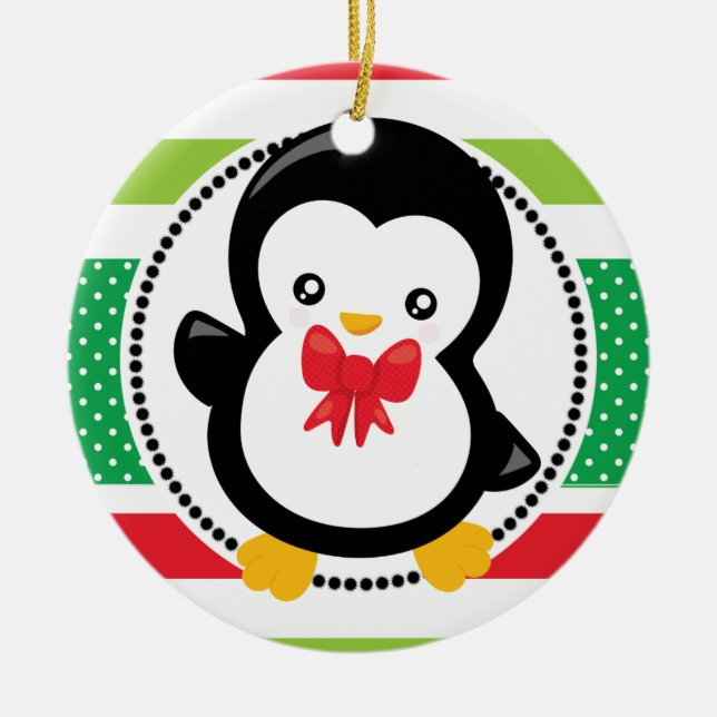 Penguin Christmas Bow Holiday Personalised Ceramic Ornament (Front)