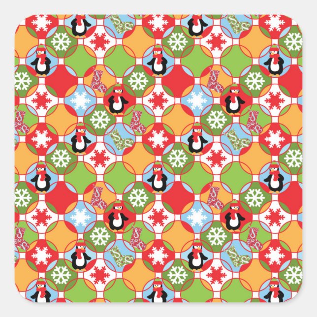 Penguin Christmas Circles Pattern Square Stickers (Front)