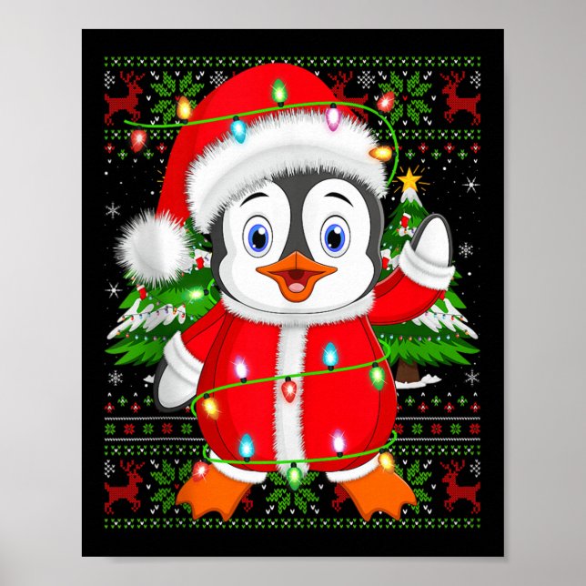 Penguin Christmas Lights Santa Costume Ugly Xmas S Poster (Front)