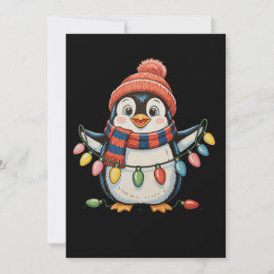 Penguin Christmas Lights Santa Hat Xmas Holiday Card