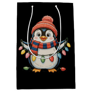 Penguin Christmas Lights Santa Hat Xmas Holiday Medium Gift Bag