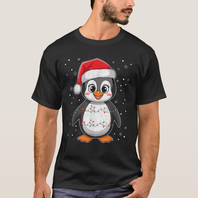 Penguin Christmas Santa Hat Festive Lights Costume T-Shirt (Front)