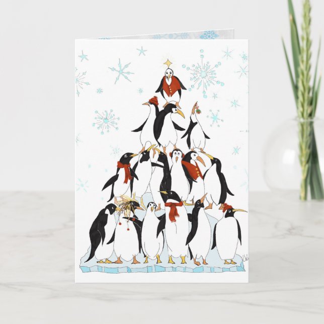 Penguin Christmas Tree Fun Holiday Cartoon Card (Front)