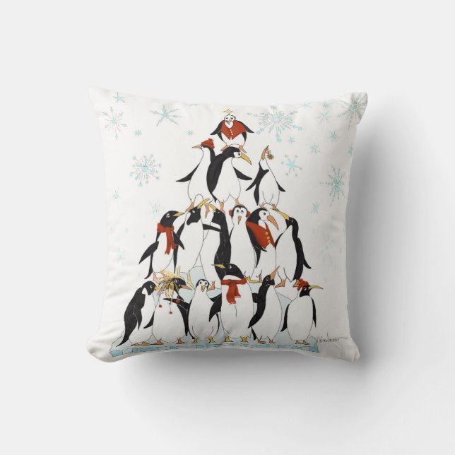 Penguin Christmas Tree Fun Holiday Cartoon Cushion (Front)