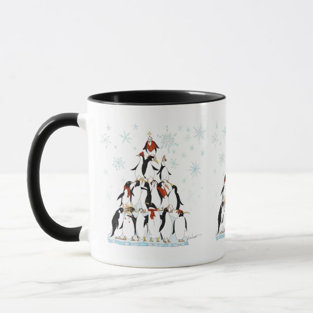Penguin Christmas Tree Fun Holiday Cartoon Mug (Left)