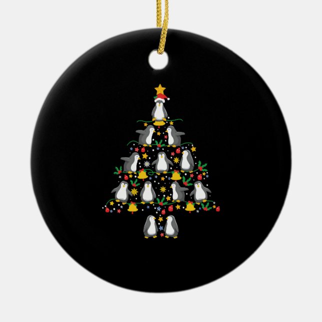 Penguin Christmas Tree Penguin Christmas Lights Ceramic Ornament (Front)