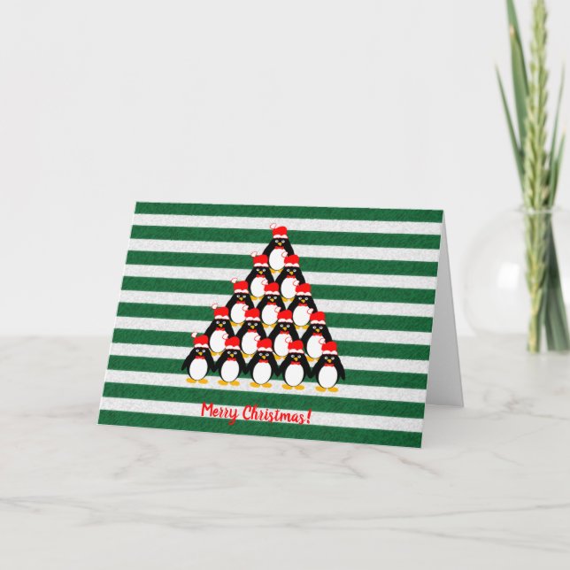 Penguin Christmas Tree Striped Holiday Card (Front)